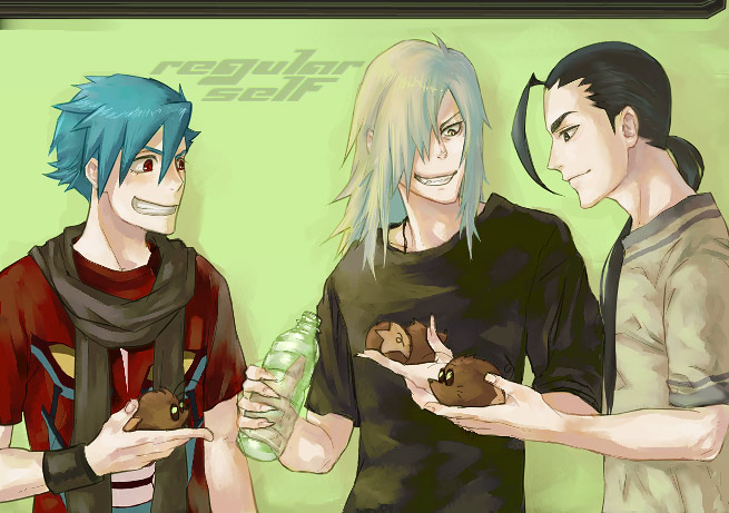 00s, 3boys, black_hair, blonde_hair, blue_hair, boota_(ttgl), bottle, casual
