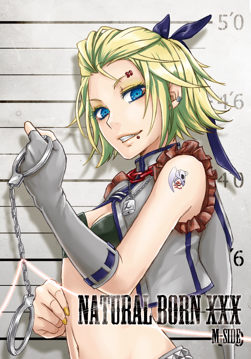 1girl, bangs_pinned_back, belt, blonde_hair, blue_eyes, bow, breasts, chain