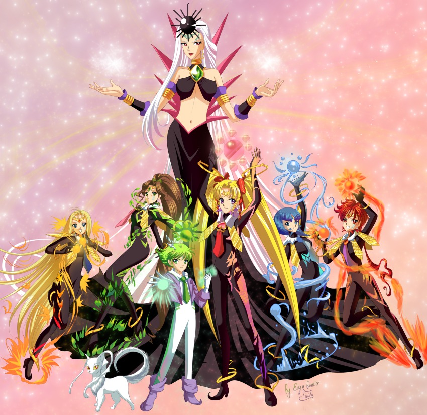 1boy, 6+girls, absurdres, anklet, anshar_(sailor_moon), bishoujo_senshi_sailor_moon, bishoujo_senshi_sailor_moon_another_story, black_footwear, black_gloves, blonde_hair, blue_eyes, blue_hair, bodysuit, boots, bow, bowtie, brown_hair, commission, facial_mark, gem, gloves, green_eyes, green_hair, highres, ishtar_(sailor_moon), jewelry, kishar_(sailor_moon), long_hair, marduk_(sailor_moon), multiple_girls, nabu_(sailor_moon), nergal_(sailor_moon), ponytail, purple_eyes, purple_footwear, red_eyes, red_hair, sa_(pixiv_89232413), shaman_apsu, short_hair, sin_(sailor_moon), twintails, white_gloves, white_hair