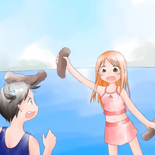 2girls, azumanga_daiou, beach, bikini, child, day, ichigo_mashimaro, itou_chika