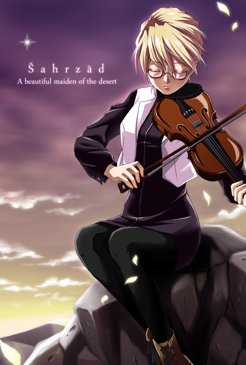 1girl, blonde_hair, bow_(music), closed_eyes, female_focus, glasses, gundam, gundam_wing, gundam_wing:_frozen_teardrop, highres, instrument, katherine_oud_winner, rei_(usabiba), short_hair, solo, violin