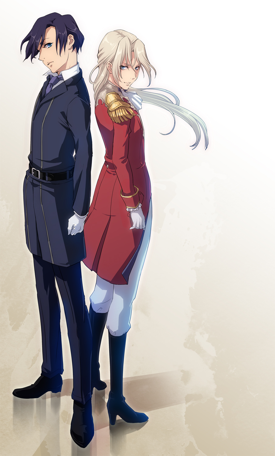 1boy, 1girl, blonde_hair, blue_eyes, boots, brother_and_sister, epaulettes, gloves, gundam, gundam_wing, gundam_wing:_frozen_teardrop, highres, long_hair, milou_peacecraft, naina_peacecraft, null_(chronix), purple_hair, short_hair, siblings, twins