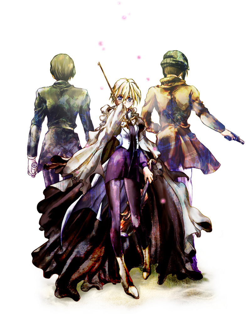 1girl, 2boys, blonde_hair, blue_eyes, bow_(music), brown_hair, flute, glasses