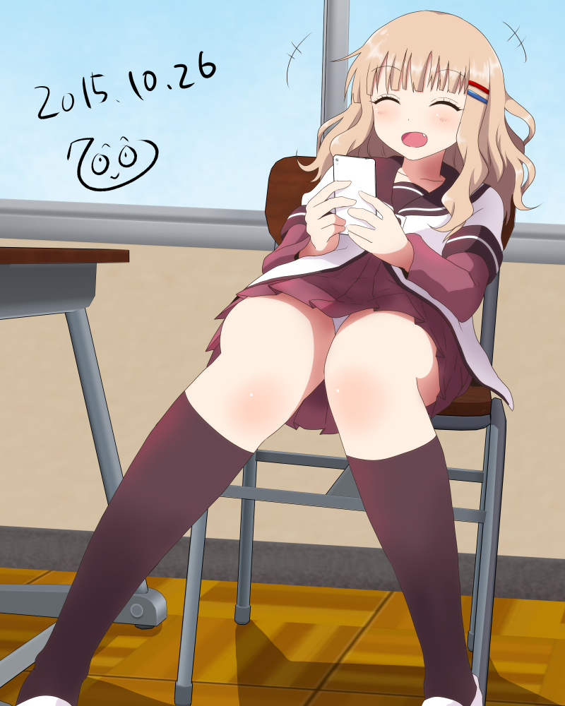 1girl, 2015, 7001, :d, ^_^, black_socks, blonde_hair, cellphone