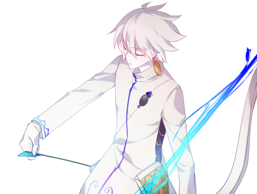 1boy, arjuna_(fate), arjuna_(fate)_(cosplay), arrow_(projectile), bad_id, bad_pixiv_id, bishounen, bow_(weapon), colored_skin, cosplay, earrings, fate/apocrypha, fate/grand_order, fate_(series), gloves, heru_(goldprin), jewelry, karna_(fate), male_focus, pale_skin, single_earring, solo, weapon, white_hair, white_skin