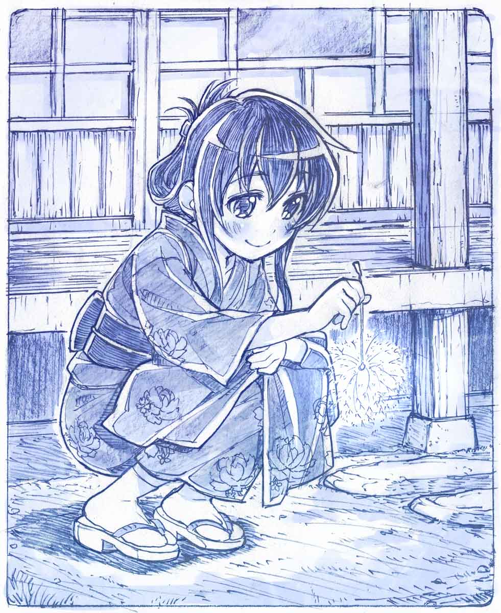 10s, 1girl, blue_theme, blush, female_focus, fireworks, floral_print, highres