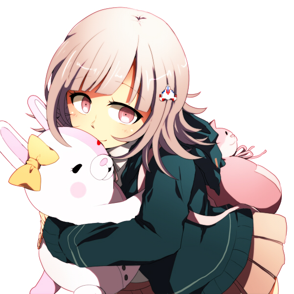 10s, 1girl, backpack, bag, blush, bow, danganronpa_(series), danganronpa_2:_goodbye_despair, ear_bow, hair_ornament, hairclip, hug, light_smile, looking_to_the_side, monomi_(danganronpa), nanami_chiaki, parted_bangs, pink_eyes, pink_hair, pleated_skirt, ringed_eyes, short_hair, simple_background, skirt, usui_(h446), usuuuui, white_background