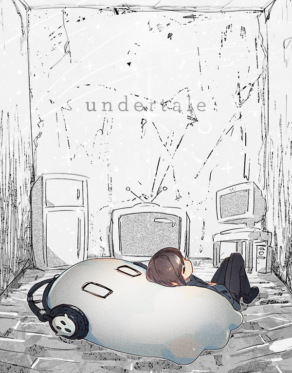 androgynous, brown_hair, closed_eyes, computer, copyright_name, frisk_(undertale), gender_request, ghost