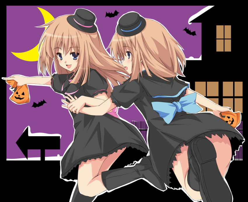 10s, 2girls, bad_id, bad_pixiv_id, bat_(animal), blue_eyes, brown_hair, fujishima_tsubasa