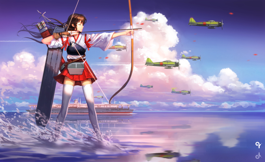 10s, 1girl, aircraft, aircraft_carrier, airplane, akagi_(aircraft_carrier), akagi_(kancolle), arrow_(projectile), bow_(weapon), brown_hair, closed_eyes, dual_persona, gloves, highres, historical_name_connection, imperial_japanese_navy, japanese_clothes, kantai_collection, liang_xing, long_hair, meme, military, military_vehicle, muneate, name_connection, object_namesake, personification, reflection, ship, skirt, thighhighs, vehicle_and_personification, warship, watercraft, waterskiing_(meme), weapon
