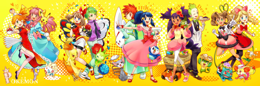 3boys, 6+girls, alternate_costume, apple, ash_ketchum, ashley_(pokemon), ashley_(pokemon_bw098), axew