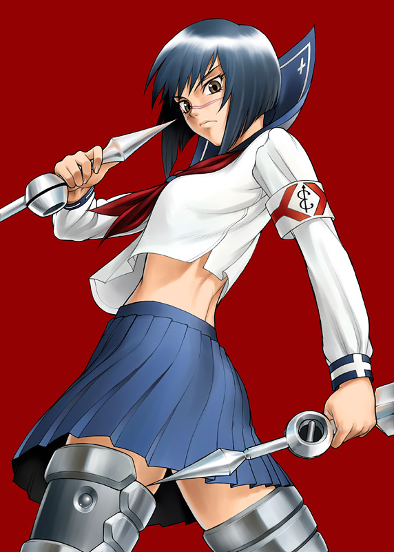00s, 1girl, bang-you, blue_hair, blue_sailor_collar, bob_cut, brown_eyes, busou_renkin, female_focus, red_background, sailor_collar, scar, scar_on_face, scar_on_nose, scarf, school_uniform, serafuku, short_hair, simple_background, skirt, solo, tsumura_tokiko, valkyrie_skirt