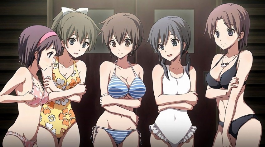 5girls, bikini, black_bikini, breasts, brown_eyes, brown_hair, casual_one-piece_swimsuit, cleavage, corpse_party, earrings, game_cg, hair_ornament, hair_ribbon, hairband, jewelry, kirisaki_touko, large_breasts, medium_breasts, mochida_yuka, multiple_girls, nakashima_naomi, navel, necklace, one-piece_swimsuit, open_mouth, oversized_clothes, pink_bikini, polka_dot, polka_dot_bikini, ponytail, ribbon, shinozaki_ayumi, shishido_yui, short_hair, short_twintails, side-tie_bikini_bottom, small_breasts, striped_bikini, striped_clothes, swimsuit, twintails, underboob, white_one-piece_swimsuit, white_ribbon