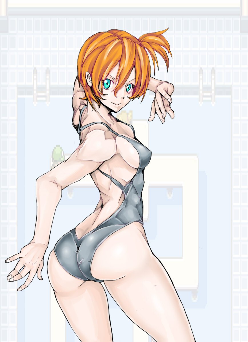 1girl, ass, breasts, female_focus, gym_leader, highres, looking_back, misty_(pokemon), nintendo, one-piece_swimsuit, pokemon, ponytail, smile, swimsuit, take_nii