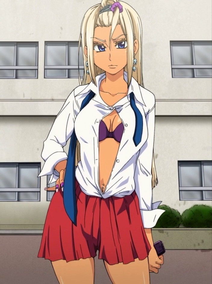 10s, 1girl, angry, anime_screenshot, blonde_hair, blue_eyes, bra, breasts, cleavage, earrings, female_focus, hair_ornament, hand_on_own_hip, jewelry, kizaki_caldina, long_hair, looking_at_viewer, navel, open_clothes, peace_hame, skirt, solo, standing, stitched, third-party_edit, underwear