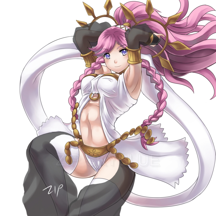 1girl, abs, armpits, arms_behind_head, arms_up, blue_eyes, blush, braid, breasts, dancing, female_focus, fire_emblem, fire_emblem_awakening, highres, long_hair, nintendo, olivia_(fire_emblem), pink_hair, ponytail, smile, solo, stomach, thighhighs, toned, zipskyblue