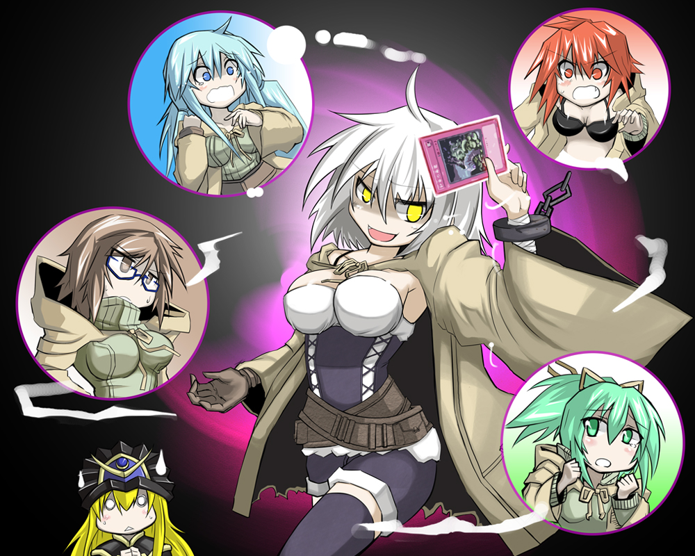 6+girls, aussa_the_earth_charmer, blonde_hair, blue_eyes, blue_hair, breasts, brown_eyes, brown_hair, dark_doriado, eria_the_water_charmer, glasses, green_eyes, green_hair, hiita, large_breasts, long_hair, lyna_the_light_charmer, multiple_girls, red_eyes, red_hair, short_hair, shorts, sweatdrop, tagme, thighhighs, white_hair, wynn_the_wind_charmer, yellow_eyes, yu-gi-oh!