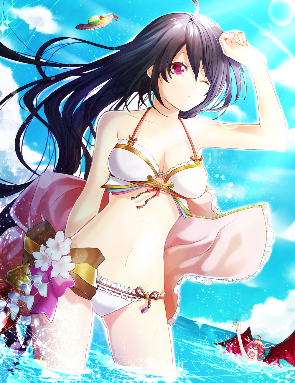 1girl, ahoge, antlers, bad_id, bad_pixiv_id, bikini, black_hair, breasts