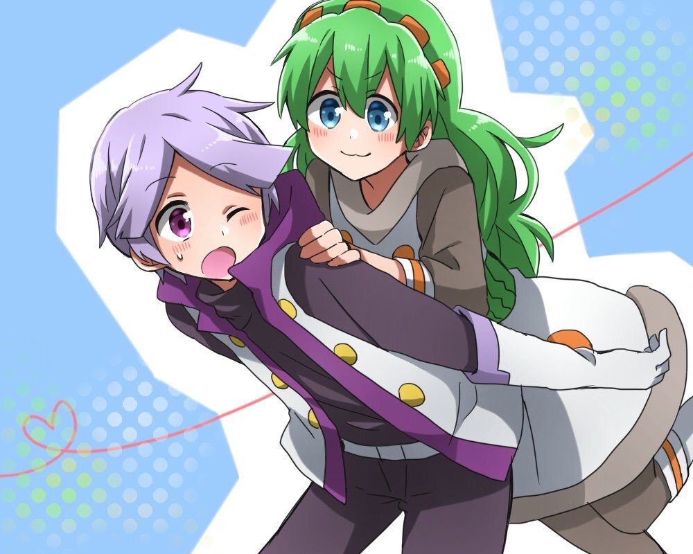 1boy, 1girl, blue_eyes, ess_(puyopuyo), green_hair, hair_ornament, long_hair, matsu_(sekaowaoneok)