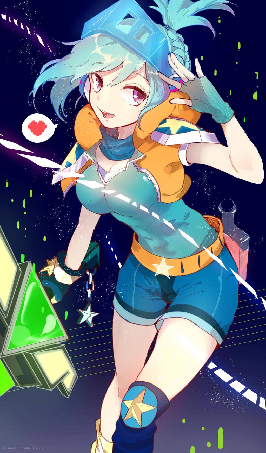 1girl, :d, alternate_costume, alternate_eye_color, alternate_hair_color, aqua_hair, arcade_riven, asymmetrical_legwear
