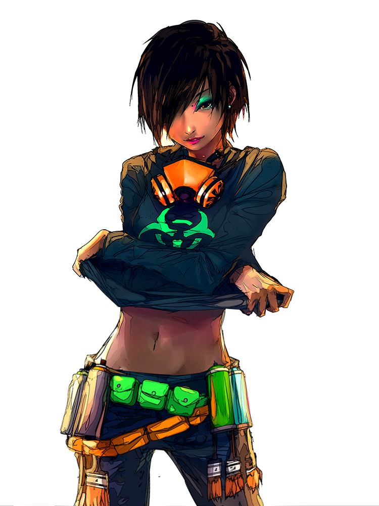 1girl, black_hair, brown_eyes, clothes_lift, eyeshadow, female_focus, fisheye_placebo, gas_mask, hair_over_one_eye, jen_(fisheye_placebo), lipstick, makeup, mask, navel, original, shirt_lift, short_hair, simple_background, solo, spray_can, undressing, yuumei