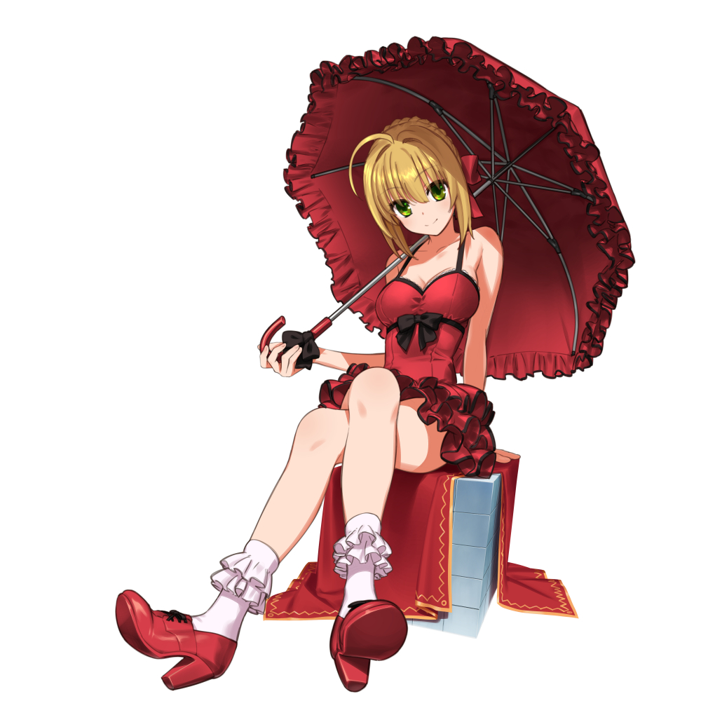 10s, 1girl, ahoge, arm_support, artoria_pendragon_(fate), black_bow, black_ribbon, blonde_hair, bobby_socks, bow, braid, breasts, cleavage, closed_mouth, cross-laced_footwear, crossed_legs, cube, dress, fate/extra, fate_(series), female_focus, frilled_dress, frilled_socks, frills, full_body, green_eyes, hair_ribbon, high_heels, holding, holding_umbrella, ikesin, ikezawa_shin, looking_at_viewer, medium_breasts, nero_claudius_(fate), nero_claudius_(fate/extra), nero_claudius_(modern_costume_of_crimson)_(fate), official_alternate_costume, parasol, red_dress, red_ribbon, red_shoes, red_theme, ribbon, saber_(fate), shoes, simple_background, sitting, sleeveless, sleeveless_dress, smile, socks, solo, umbrella, white_background, white_socks