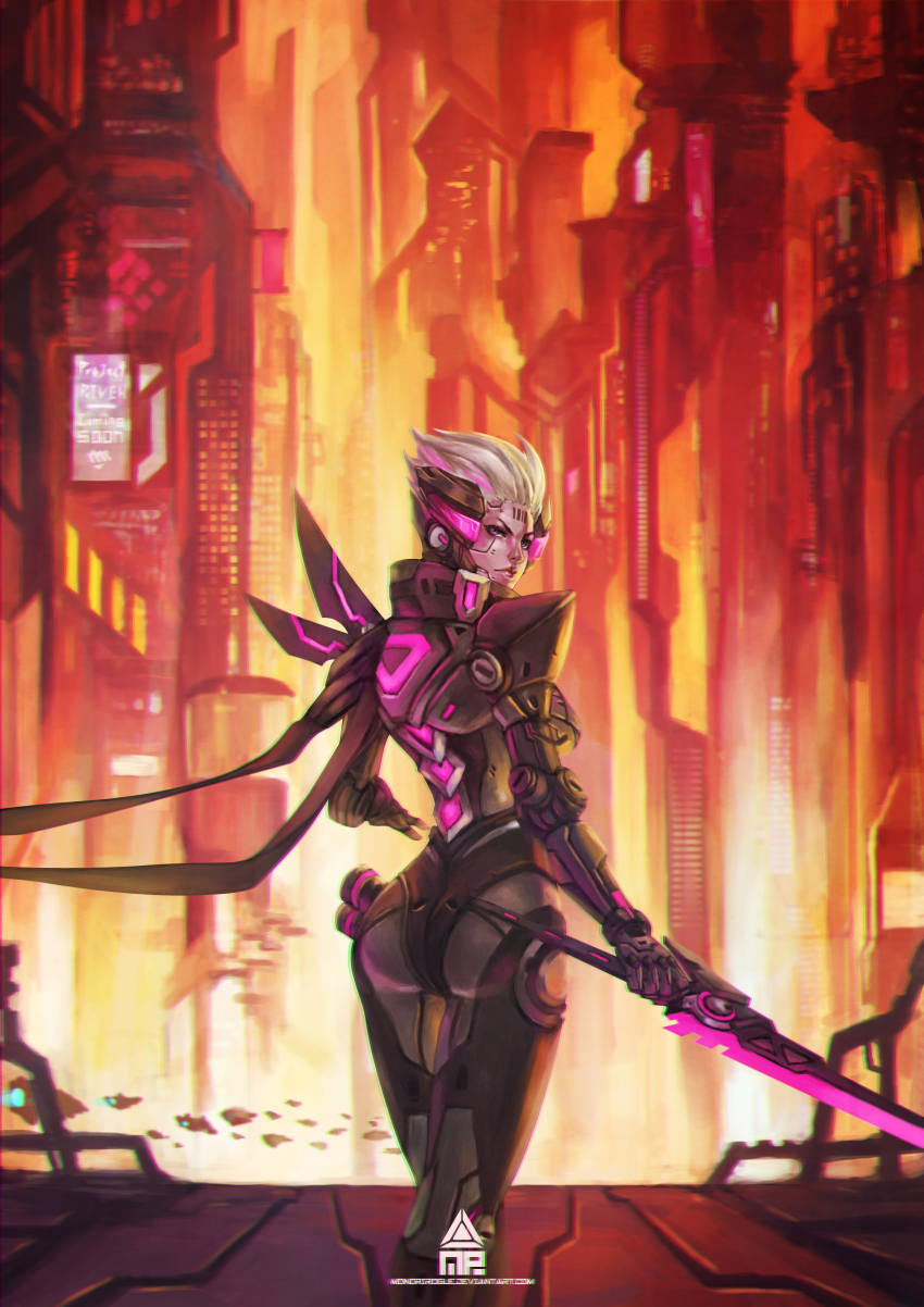 1girl, absurdres, alternate_costume, alternate_hair_color, alternate_hairstyle, ass, cityscape, cyberpunk, cyborg, female_focus, fiora_(league_of_legends), from_behind, highres, holding, holding_weapon, league_of_legends, lips, looking_at_viewer, mecha_musume, monori_rogue, project:_fiora, solo, standing, sword, urban, weapon, white_hair