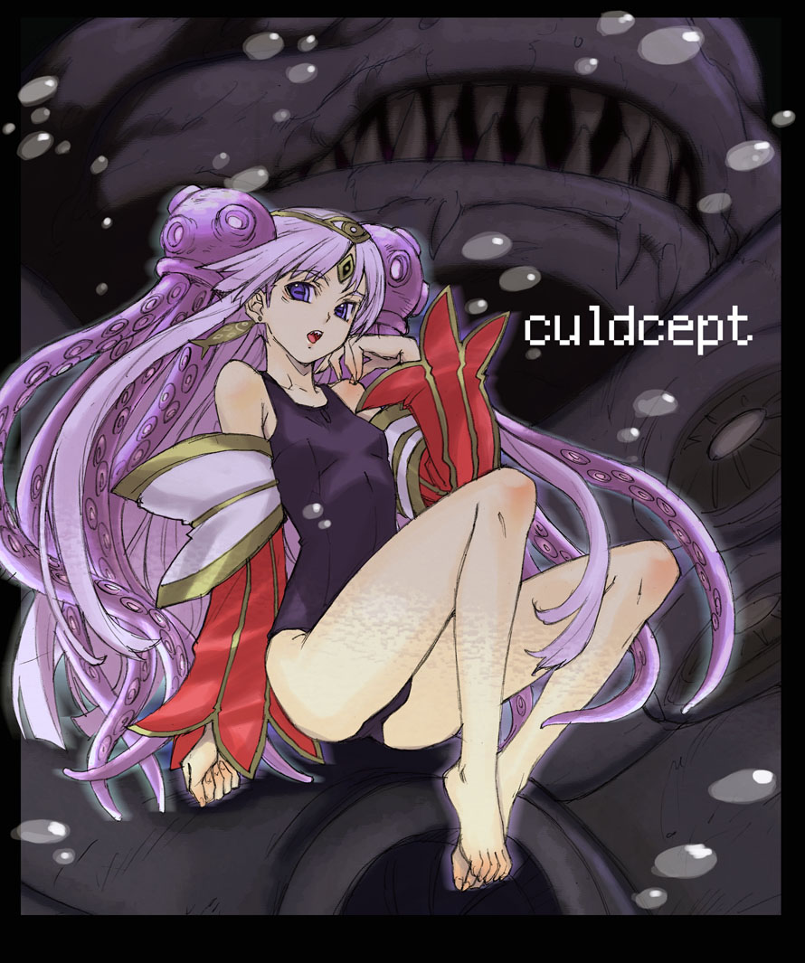 1girl, barefoot, black_one-piece_swimsuit, culdcept, endaness, feet, female_focus, legs