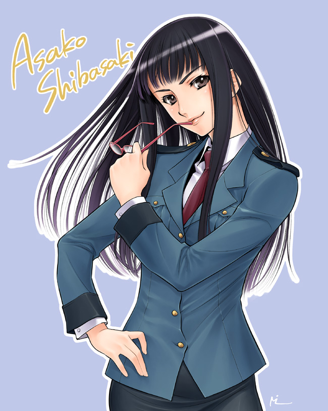 00s, black_hair, brown_eyes, unworn_eyewear, glasses, holding, holding_removed_eyewear, long_hair