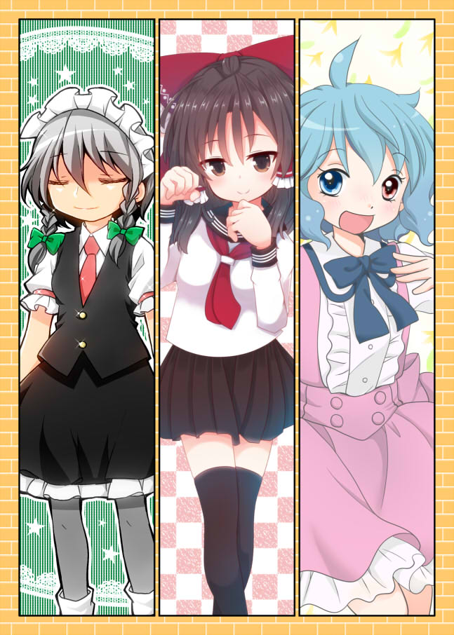 3girls, ahoge, alternate_costume, beni_shake, blue_hair, bow, braid, brown_hair, checkered_background, collared_shirt, commentary_request, closed_eyes, hair_bow, hair_tubes, hakurei_reimu, honda_(mtp), izayoi_sakuya, long_sleeves, maid_headdress, multiple_girls, necktie, school_uniform, shirt, short_sleeves, silver_hair, smile, star_(symbol), tatara_kogasa, thighhighs, touhou, twin_braids, yuzuna99