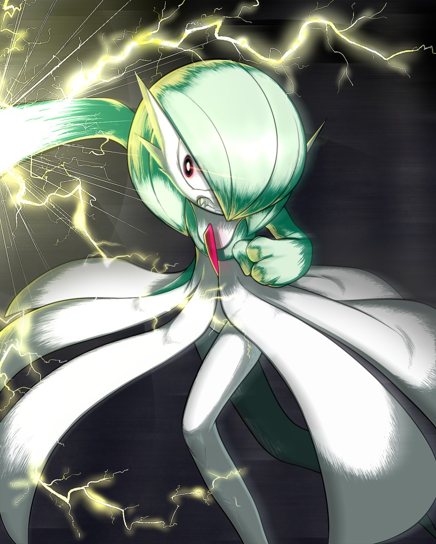 1girl, angry, arm_up, black_background, blurry, blurry_background, bob_cut, clenched_hand, clenched_teeth, colored_skin, electricity, eye_trail, fangs, female_focus, flat_chest, gardevoir, gen_3_pokemon, green_hair, green_skin, hair_over_one_eye, hand_up, highres, light_trail, looking_to_the_side, lotosu, multicolored_skin, nintendo, pokemon, pokemon_(creature), pokemon_move, punching, red_eyes, short_hair, simple_background, solo, standing, teeth, thunder_punch_(pokemon), two-tone_skin, white_skin