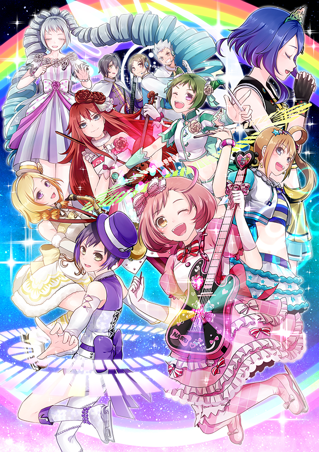 3boys, 6+girls, amou_june, ayase_naru, blonde_hair, blue_eyes, cone_hair_bun, double_bun