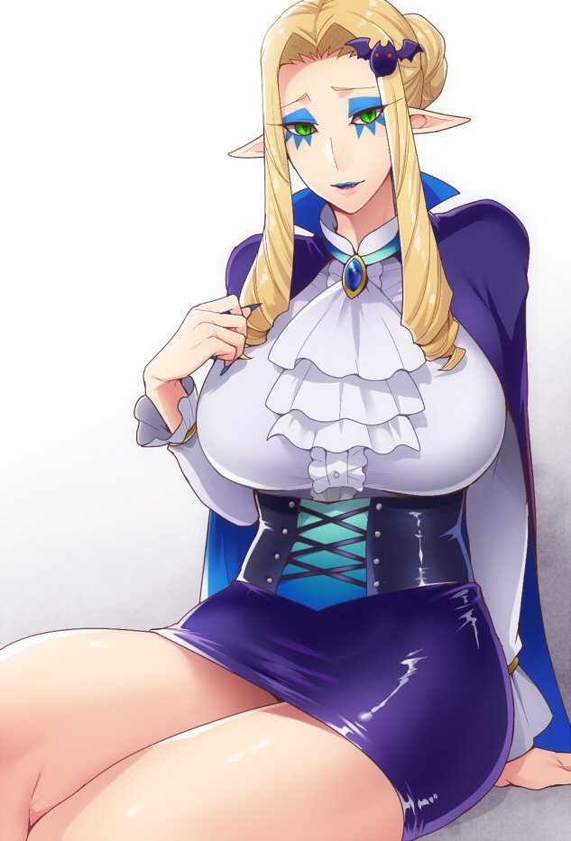 1girl, bad_id, bad_twitter_id, blonde_hair, breasts, brooch, eyeshadow, female_focus, fingernails, frills, genderswap, genderswap_(mtf), go!_princess_precure, hair_ornament, hairclip, huge_breasts, jewelry, legs, long_fingernails, long_hair, makeup, microskirt, miniskirt, mogiki_hayami, nail_polish, precure, shut_(precure), sitting, skirt, solo, taut_clothes, thigh_gap, thighs