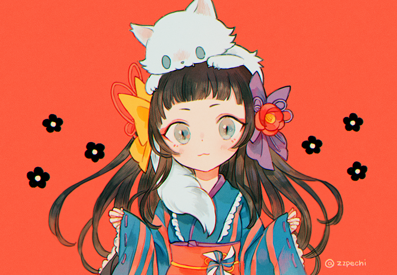 10s, 1girl, :3, animal, animal_on_head, bad_id, bad_twitter_id, biting