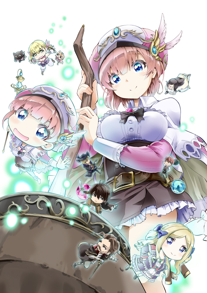 astrid_zexis, atelier_(series), atelier_rorona, blonde_hair, blue_eyes, brown_hair, cauldron, chibi