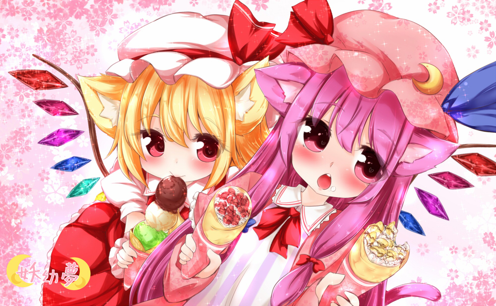 2girls, :>, animal_ears, cat_ears, cat_tail, cherry_blossoms, chestnut_mouth, chocolate