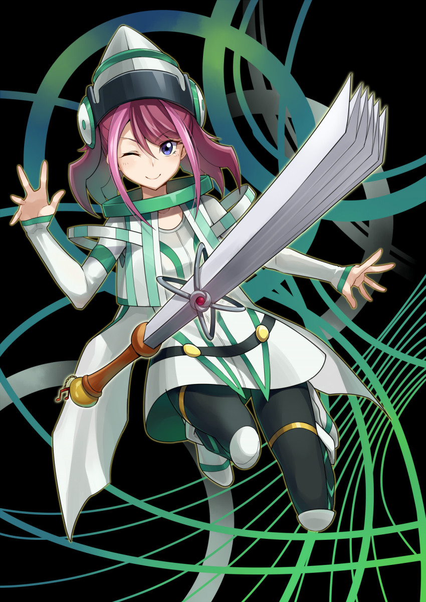 1girl, ;), blue_eyes, bracelet, cosplay, duel_monster, female_focus, frostcyco, hand_fan, harisen, hat, highres, hiiragi_yuzu, jewelry, one_eye_closed, pantyhose, pink_hair, short_twintails, smile, solo, tuning_magician, tuning_magician_(cosplay), twintails, yu-gi-oh!, yu-gi-oh!_arc-v