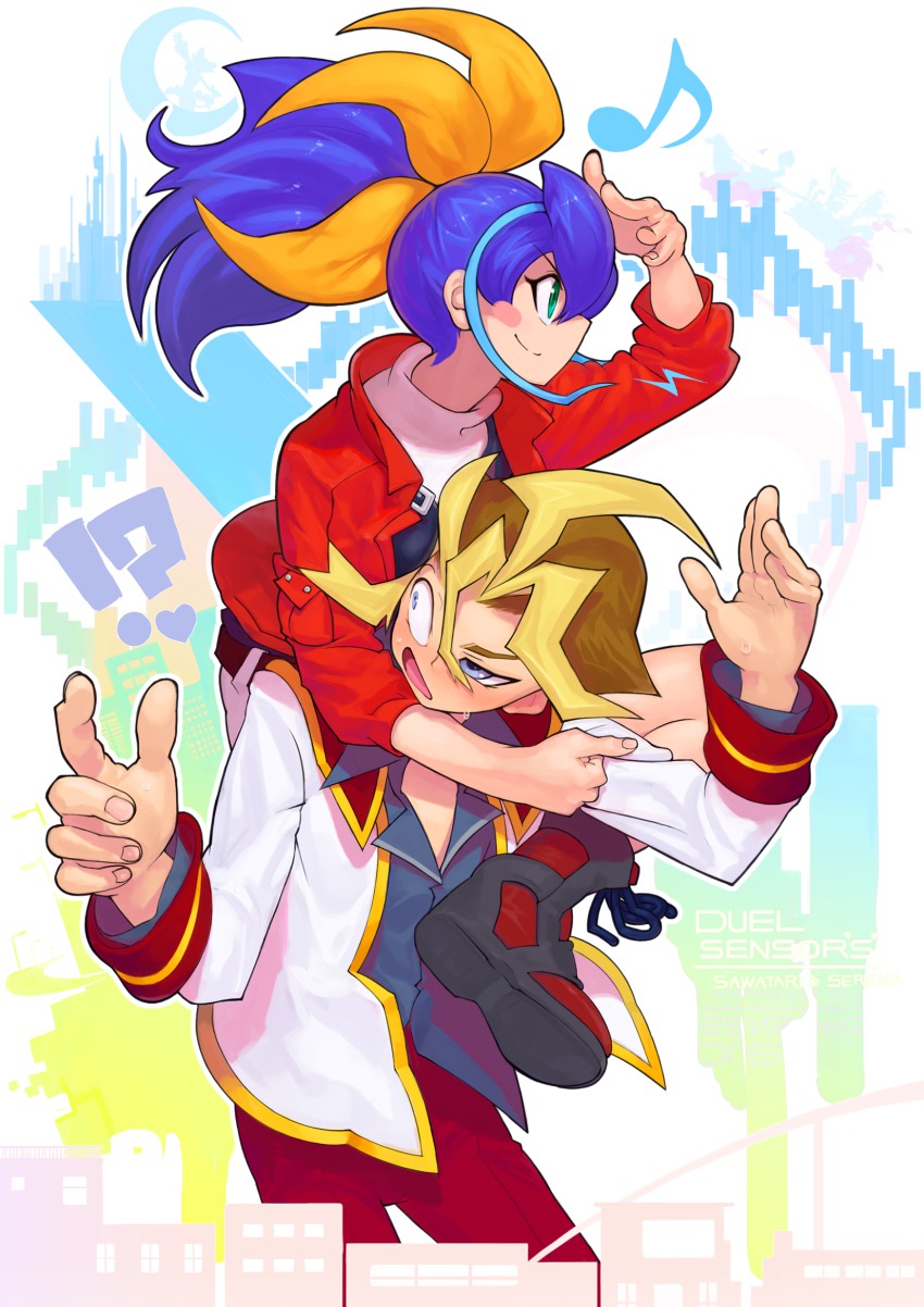 !?, 1boy, 1girl, blonde_hair, blue_eyes, blue_hair, blush_stickers, bow