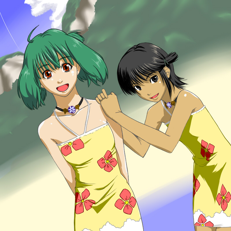 00s, 2girls, :d, ahoge, bad_anatomy, beach, black_hair, blush, brown_eyes, choker, crossover, dark_skin, dark-skinned_female, day, floral_print, looking_at_viewer, macross, macross_frontier, macross_zero, mao_nome, multiple_girls, naiki_(z50j), ocean, open_mouth, outdoors, poorly_drawn, ranka_lee, red_eyes, sand, shore, smile, water