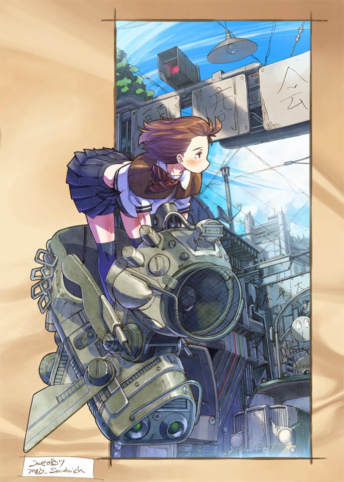 1girl, artist_name, bent_over, black_skirt, black_thighhighs, blue_sky, brown_eyes, brown_hair