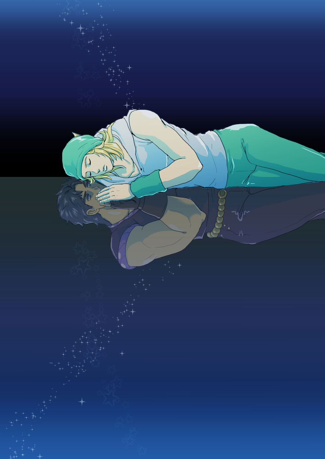 2boys, bad_id, bad_pixiv_id, blonde_hair, blue_hair, different_reflection, hat, highres