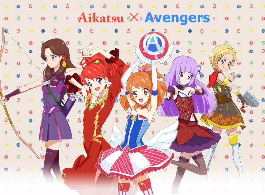 5girls, :d, aikatsu!, aikatsu!_(series), aqua_eyes, arms_up, avengers_(series), bare_shoulders