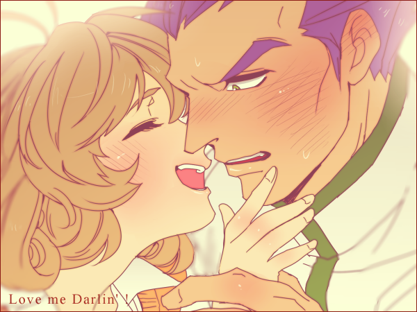 1990s_(style), 1boy, 1girl, bad_id, bad_pixiv_id, blush, brown_hair, closed_eyes