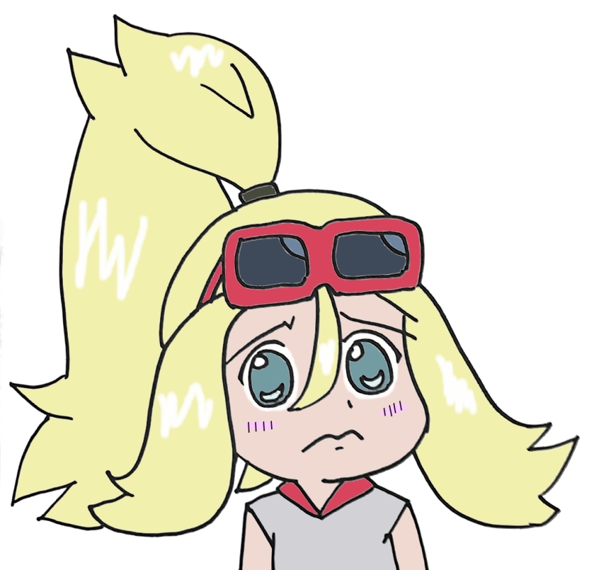 1girl, blonde_hair, blush, commentary_request, dot_nose, female_focus, flat_color, frown