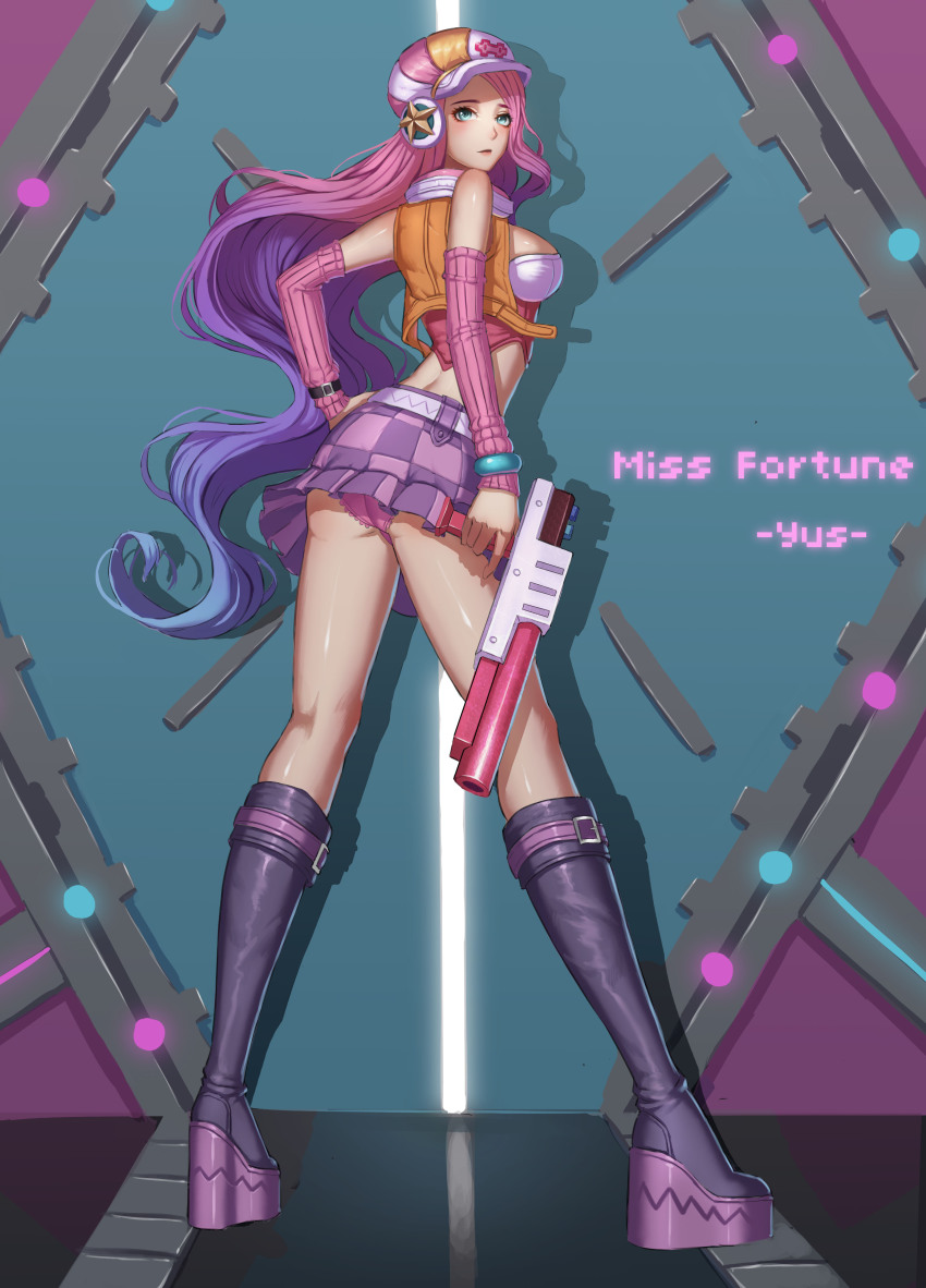 1girl, absurdres, alternate_costume, alternate_hair_color, aqua_eyes, arcade_(league_of_legends), arcade_miss_fortune, arm_warmers