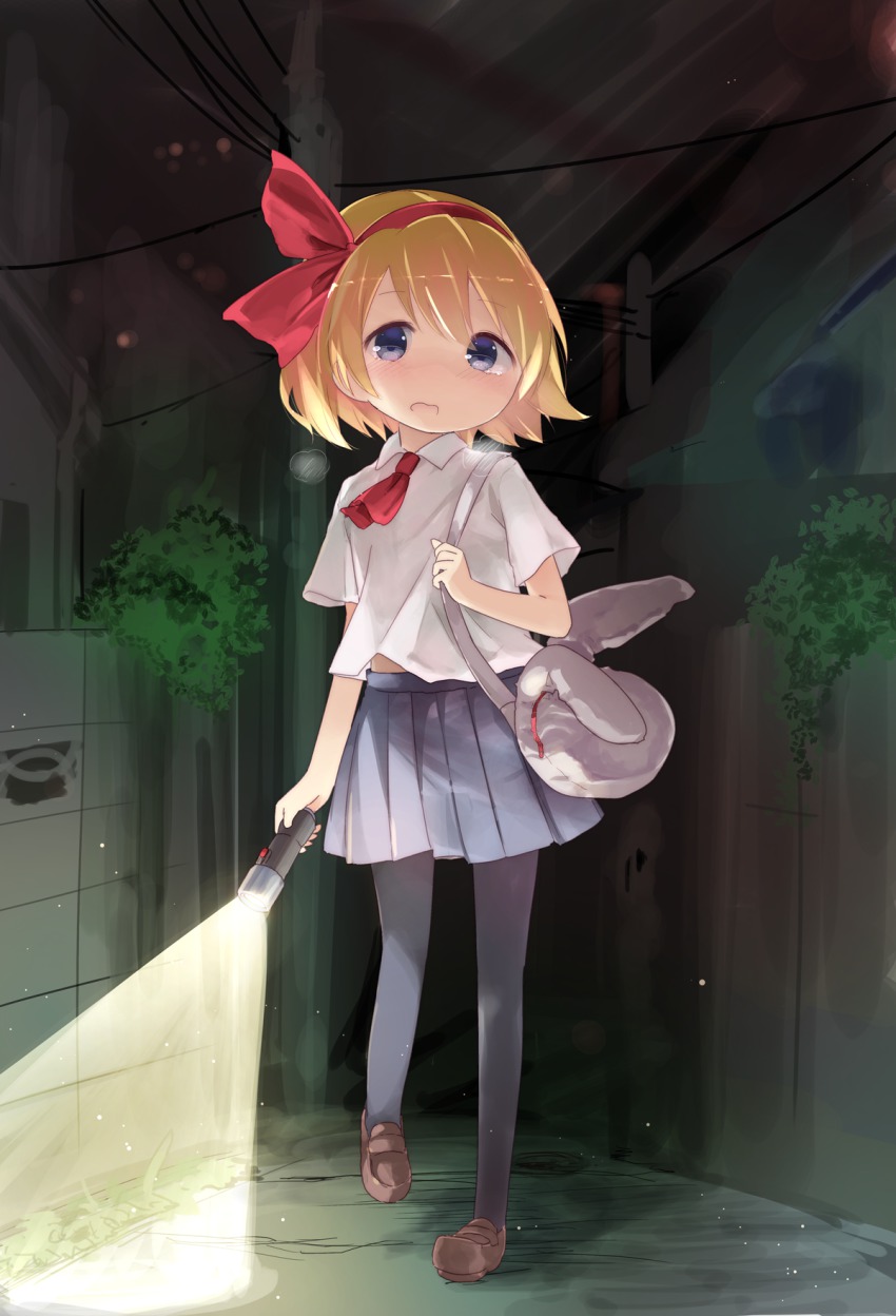 1girl, bag, black_pantyhose, blonde_hair, blue_eyes, blush, female_focus, flashlight