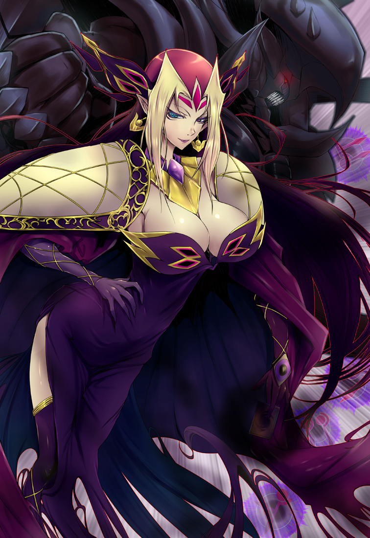 1girl, anti-hope_god_of_despair, blonde_hair, blue_eyes, breasts, card, cleavage, dress