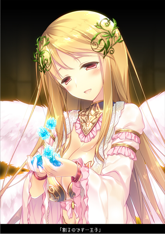 1girl, aigis_(sennen_sensou_aigis), blonde_hair, blush, bracelet, breasts, brown_eyes, cleavage