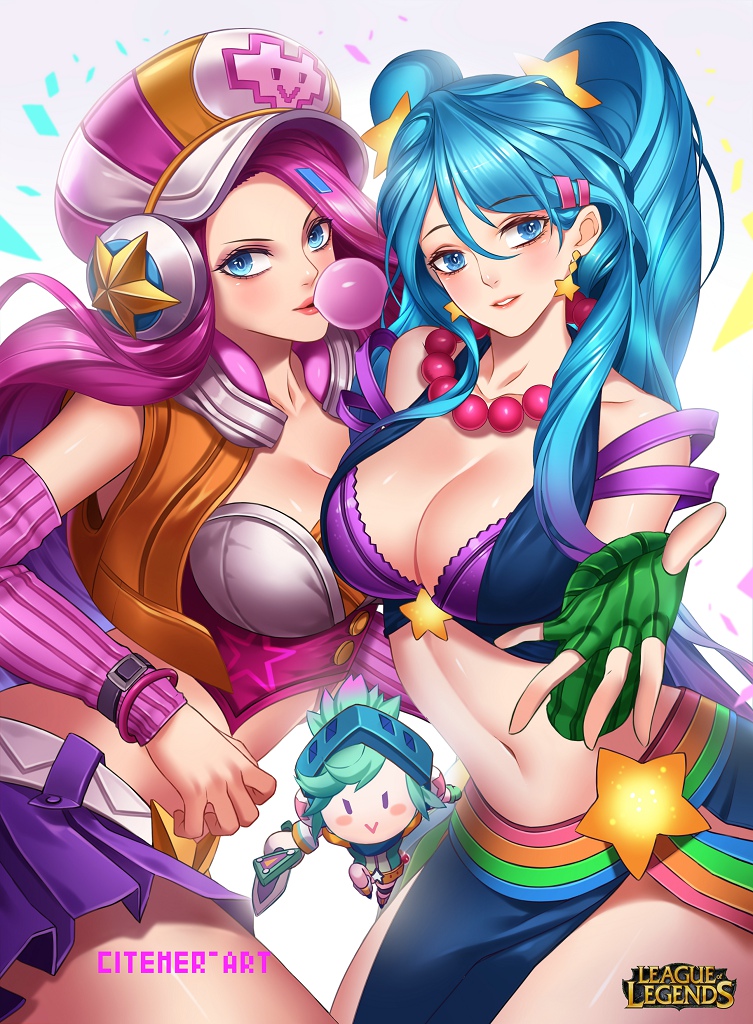 >:>, 2girls, :>, alternate_costume, arcade_miss_fortune, arcade_sona, armor, artist_name