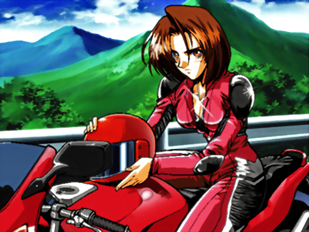 1girl, anime_screenshot, biker_clothes, bikesuit, bodysuit, female_focus, helmet, kusanagi_aoi, motor_vehicle, motorcycle, snk, solo, the_king_of_fighters, the_king_of_fighters:_kyo, vehicle